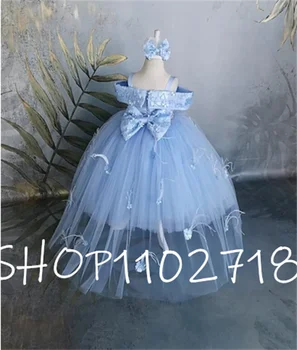 Sinine Tülli lilleneiu Kleit Maha Õla Printsess Sünnipäeva Kleit Võistlused Vesture Pulm Jr Pruutneitsi Kleit