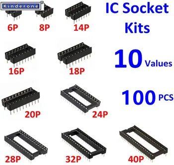 100Pcs/Box 2.54 mm Sammuga DIP IC-Pistikupesad Jootma Tüüp Adapter Valik Kit (6/8/14/16/18/24/28/40 Pin)