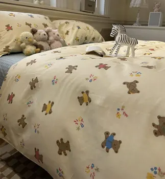 Cute cartoon bear lill voodipesu komplekt laps laps teen,twin täielik kuninganna armas puuvillane kodutekstiili voodi lehel padjapüür tekk kate