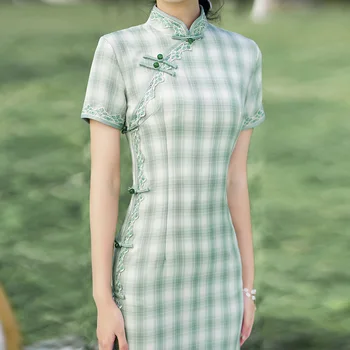 2022 Suvel Uued Noorte Naiste Lihtne, Elegantne Retro Roheline Pikk Ruuduline Paranenud Cheongsam Hiina Traditsiooniline Qipao Tüdrukute Kleit