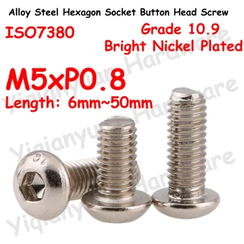 Yiqianyuan ISO7380 M5xP0.8 Klassi 10.9 Legeeritud Teras, Hexagon Socket Button Head Kruvid Särav Nikeldatud Allen Võti Hex Poldid