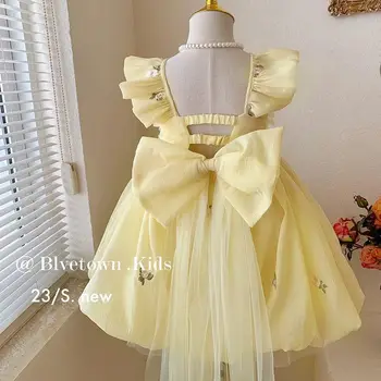 2023 Beebi Tüdrukute Suvine Lilleline Kleit Fashion Girl Lolita Kids Backless Suur Bow Lace Sünnipäeva Kleidid Vestidos Lapse Riided