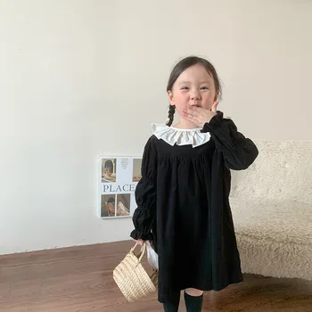 Laste Kleit Korea Stiilis Nukk Krae Velvetist Kleit Kevad Sügis 2023 Uus Moekas Võltsitud Kaks Printsess Magus Casual Kleit