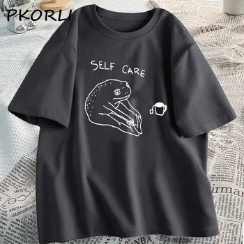 Naljakas Konn Self Care Tshirt Naiste Retro Cottagecore T-Särk Suvel Puuvillased Lühikesed Varrukad Naiste Riided Harajuku Liiga Tshirt