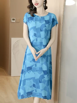 2023 Blue Print Silk Lühikesed Varrukad Midi Kleit Suvel Moe Lahti Talje Casual Kleit Kodus Naiste Korea Elegantne Luksus Tanssiaiset Kleit