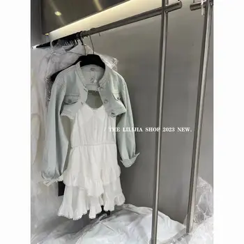 Varasügisel Õrn prantsuse Kleit Sobiks Avatud Tagasi Denim Lühike Mantel Naistele Magus Rihm Lühike Valge Kleit, Kahe-osaline Komplekt Naistele