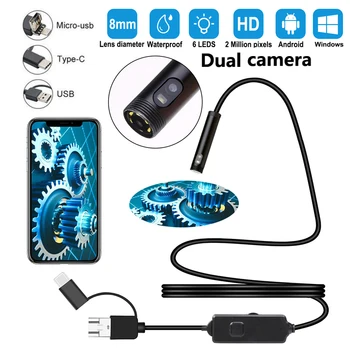 3in1 Dual USB Endoscope Kaamera 2m 5m 10m Raske Kaabel Madu Kontrolli Kaamera 8mm 6 LED Borescope Android PC Endoscope