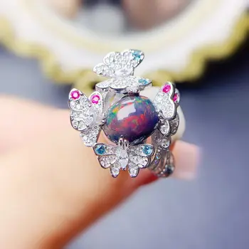 Looduslik tõeline must opaal ring Liblikas style Free shipping 7*9mm 1.1 ct gemstone 925 sterling hõbe Trahvi ehteid J23866