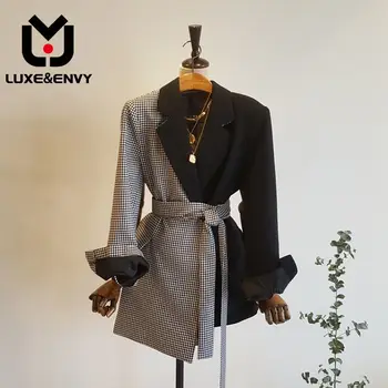 LUXE&KADEDUS Disaini Mõttes Checker Servjätkatud Väike Ülikond Naiste Ebaregulaarne Lace Up Talje Pakitud Sobiks Mantel Ins 2023 aasta Sügisel