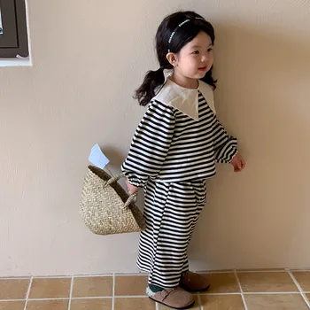 Tüdrukute Sügis Triibuline Riiete Komplekt Baby Girl Suur Krae Revääri Hupparit Lai Jalg Püksid 2TK Lapsed Riided