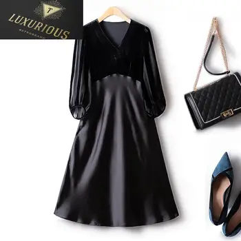 Elegantne Kleidid Naistele 2024 Sügisel Uus Segast Kulla Velvet Laterna Varrukad Retro Üle Põlve Hepburn Pool Naiste Kleit 4XL